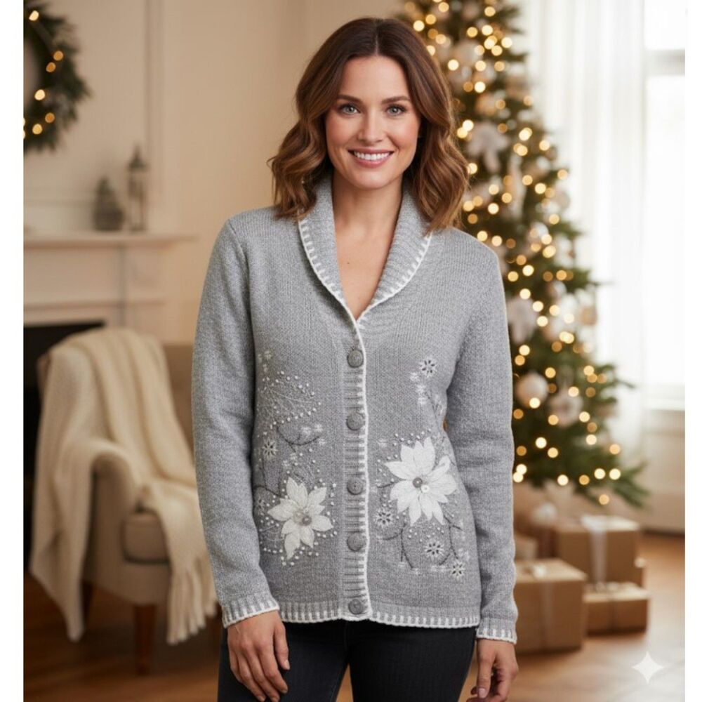 Christopher Banks Holiday Cardigan Silk Lambswool Floral Sweater Size S